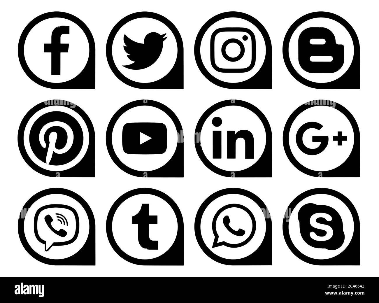Kiev, Ucraina - 11 marzo 2019: I popolari social media icone nere puntatori stampati su carta: Facebook, Twitter, Instagram, Pinterest, LinkedIn, Viber, Foto Stock