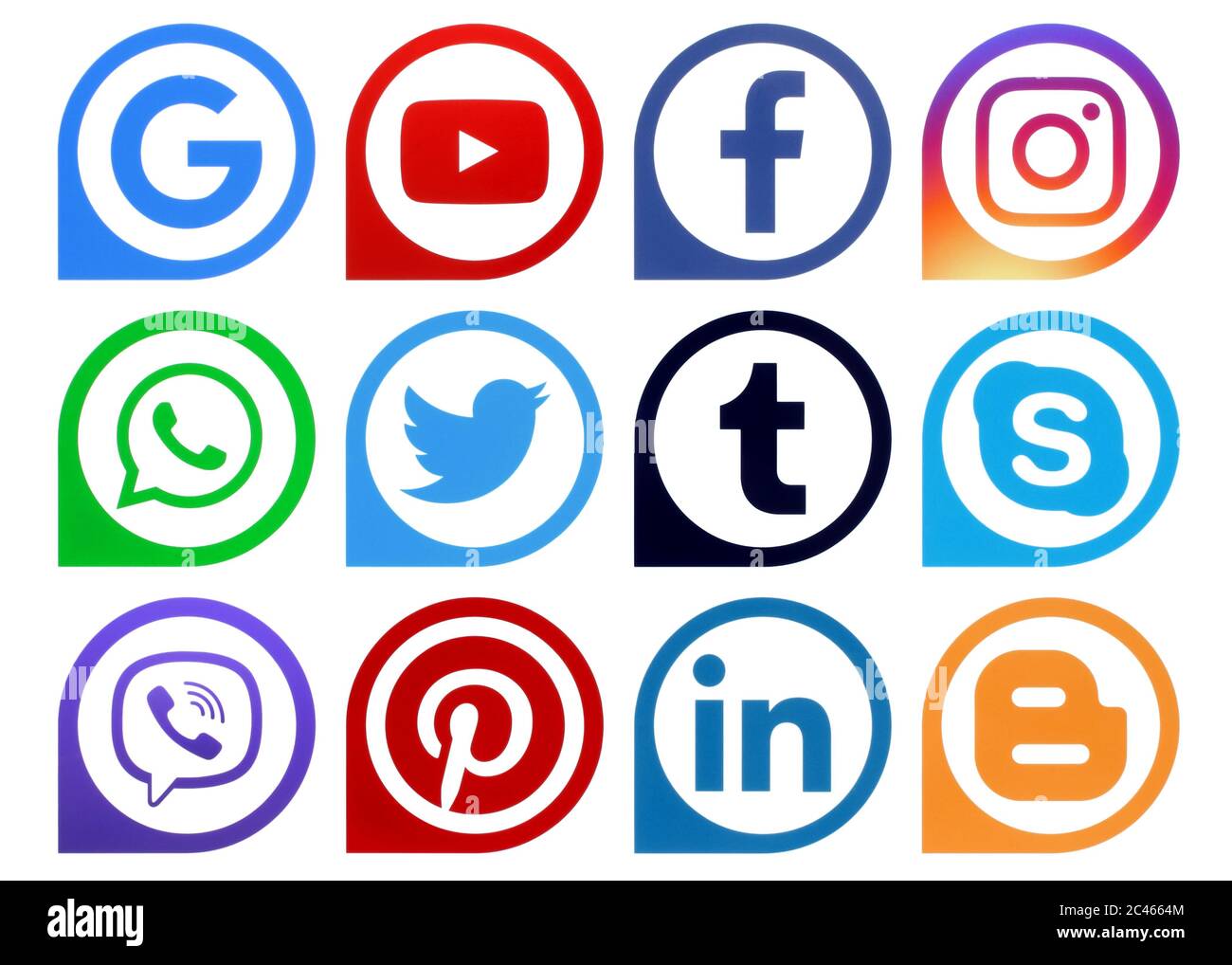Kiev, Ucraina - Aplril 25, 2019: Icone popolari dei social media puntatori stampati su carta: Facebook, Twitter, Instagram, Pinterest, LinkedIn, Viber, Tumbl Foto Stock Kiev, Ucraina - Aplril 25, 2019: Icone popolari dei social media puntatori stampati su carta: Facebook, Twitter, Instagram, Pinterest, LinkedIn, Viber, Tumbl Foto Stock