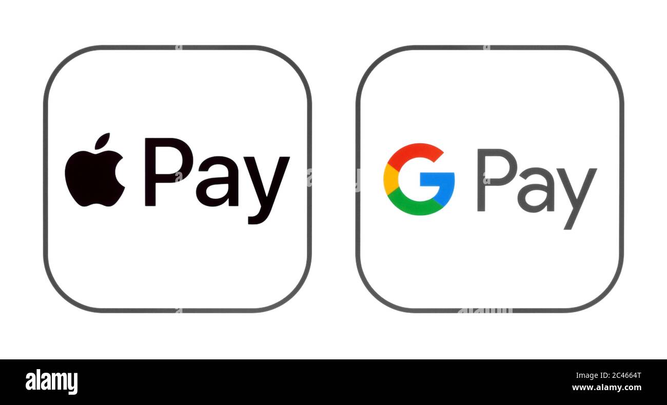 Kiev, Ucraina - 01 marzo 2019: Icone di Apple Pay e Google Pay stampate su carta. Apple Pay è un servizio di pagamento mobile e portafoglio digitale. Google Pay è Foto Stock