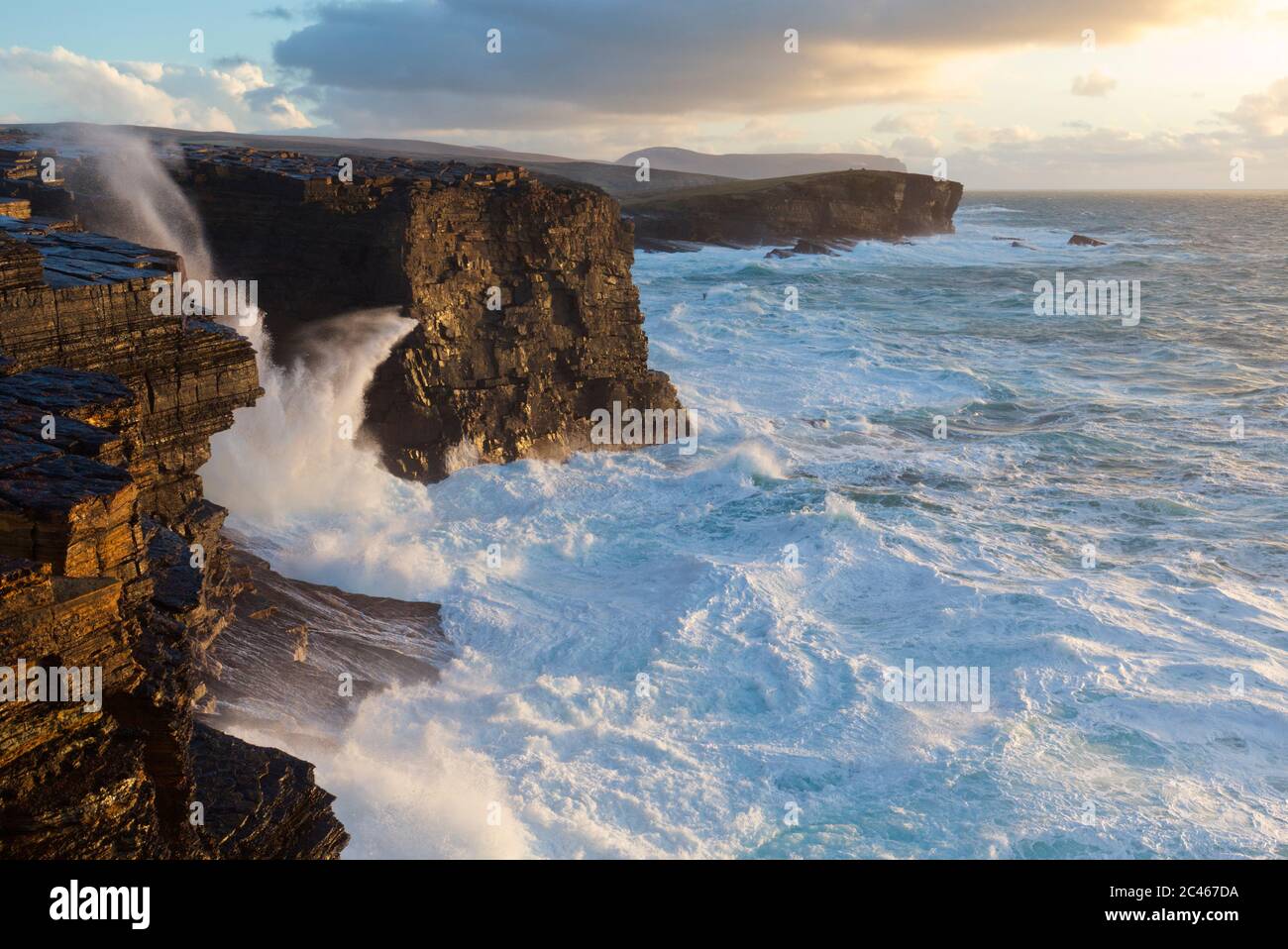 Scogliere Yesnaby in gale di Weststery, isole Orkney Foto Stock