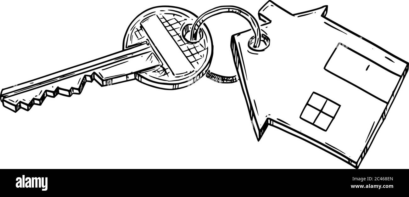 Disegno vettoriale cartoon illustrazione concettuale della chiave domestica con keyring.Renting della casa di famiglia, acquisto o proprietà della casa o dell'appartamento. Illustrazione Vettoriale