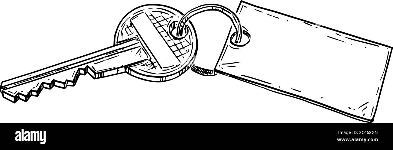 Disegno vettoriale cartoon illustrazione concettuale della chiave della casa di famiglia con segno vuoto.affittare, acquisto o proprietà di casa o appartamento. Illustrazione Vettoriale