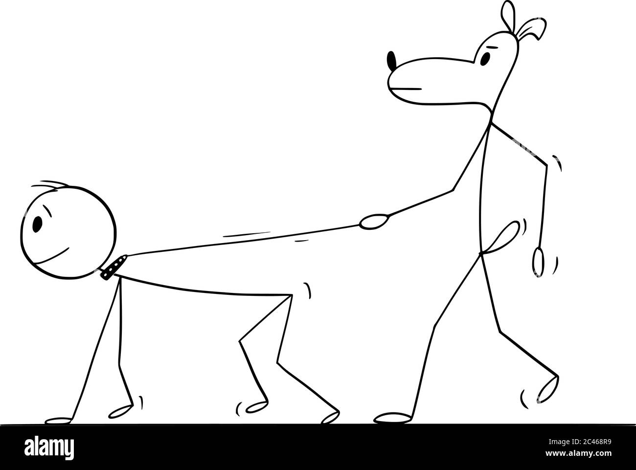 Disegno grafico vettoriale del cartoon illustrazione concettuale del cane che cammina o che tiene l'uomo o l'uomo sul guinzaglio o sul piombo. Illustrazione Vettoriale