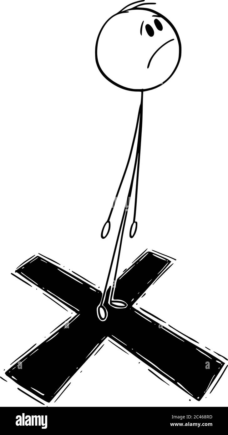 Figura vettoriale del cartone illustrazione concettuale di uomo o uomo d'affari in piedi su croce o grande X contrassegno come bersaglio per sparare. Illustrazione Vettoriale