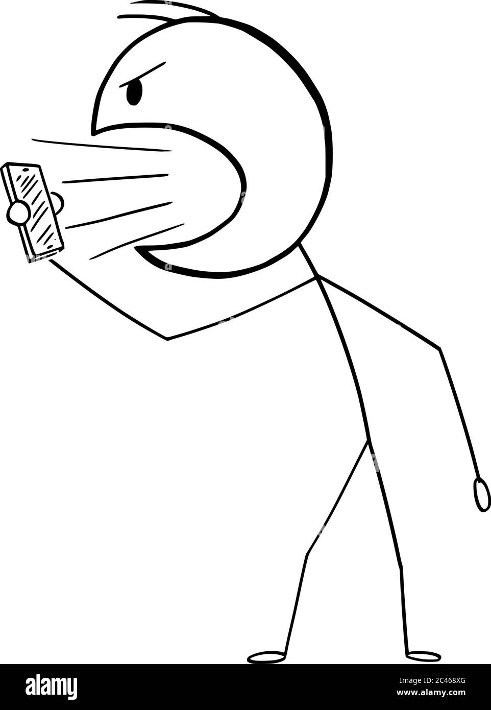Grafico vettoriale del cartoon disegno illustrazione concettuale di uomo arrabbiato o uomo d'affari gridando o urlando su qualcuno nel telefono cellulare o cellulare. Illustrazione Vettoriale