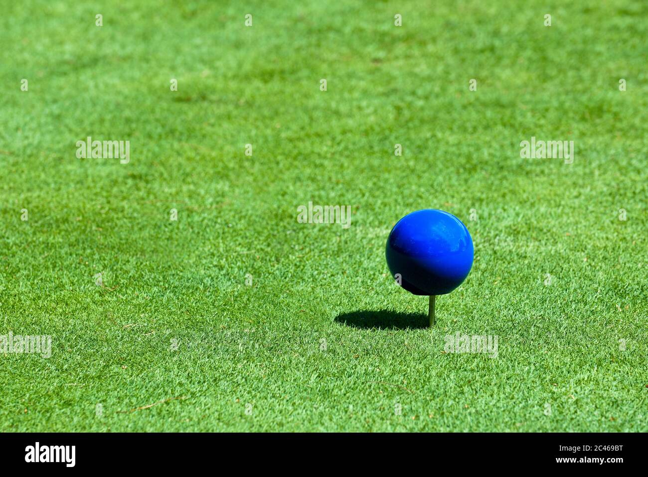Vista ravvicinata di un marker blu su un campo da golf in un giorno di sole. N. Foto Stock