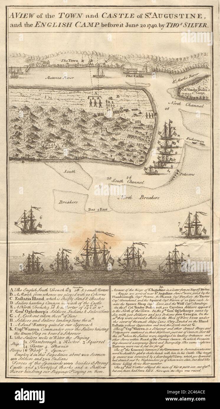 La città e il castello di Sant'Agostino. 1740 assedio. Spagnolo Florida. MAPPA SILVER 1740 Foto Stock