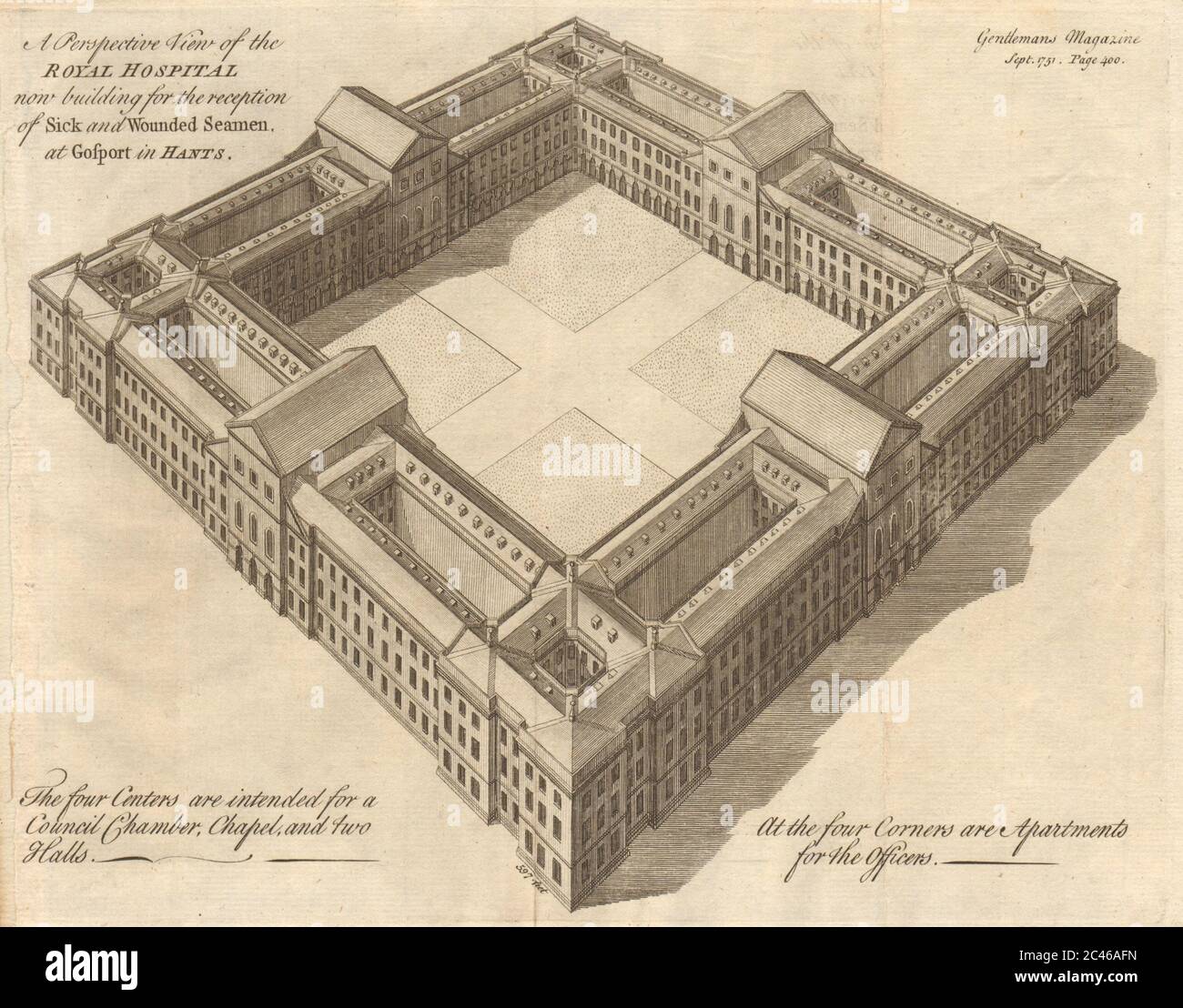 Haslar Royal Naval Navy Hospital, Gosport, Hampshire 1751 vecchia stampa antica Foto Stock