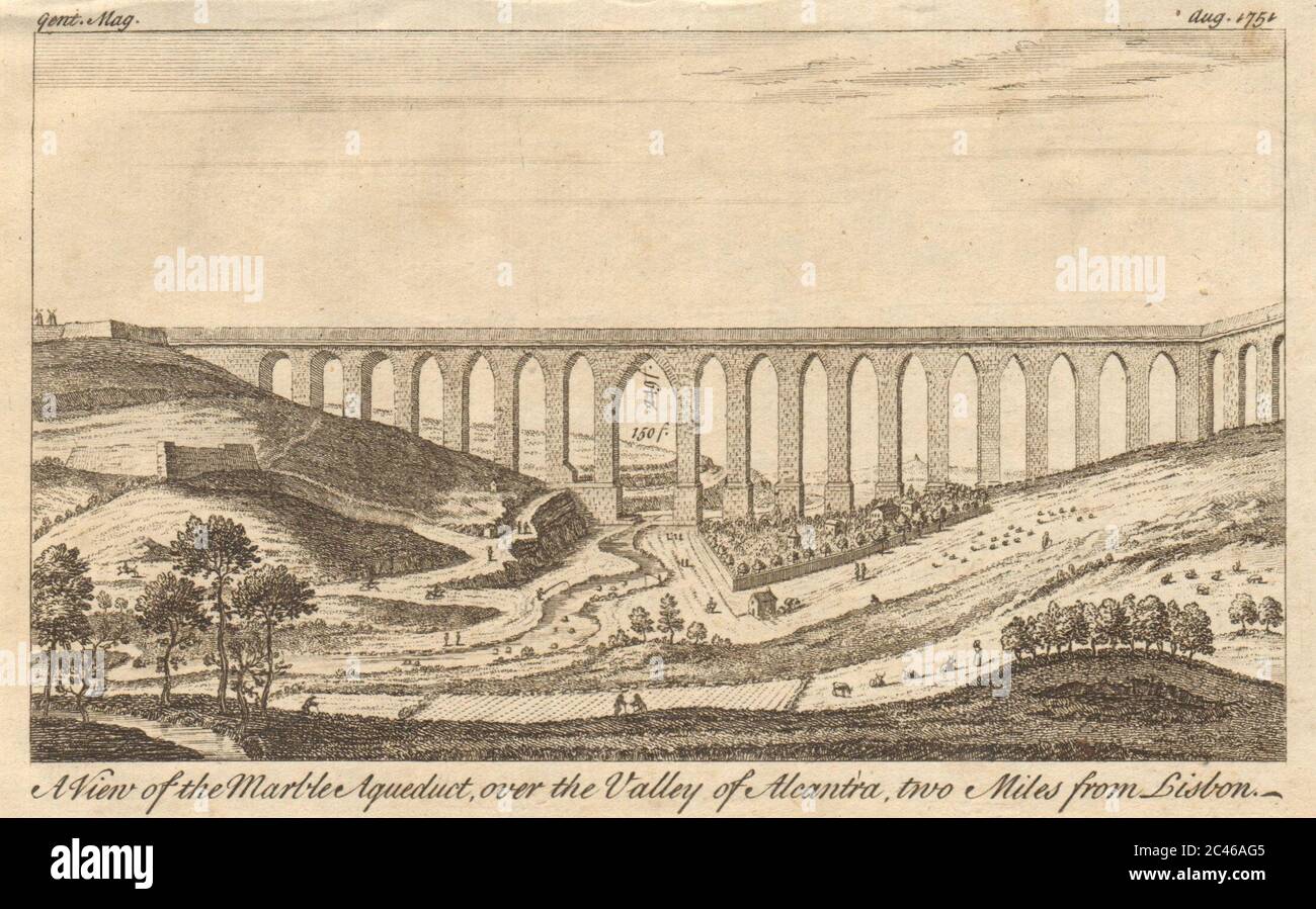 Aguas Livres Aqueduct, Alcantara Valley, Lisbona, Portogallo 1751 vecchia stampa Foto Stock