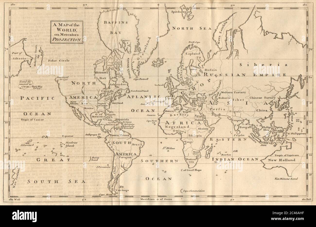 Una mappa del mondo sulla proiezione di Mercators. Davis Land. SIGNORI MAG 1755 vecchio Foto Stock