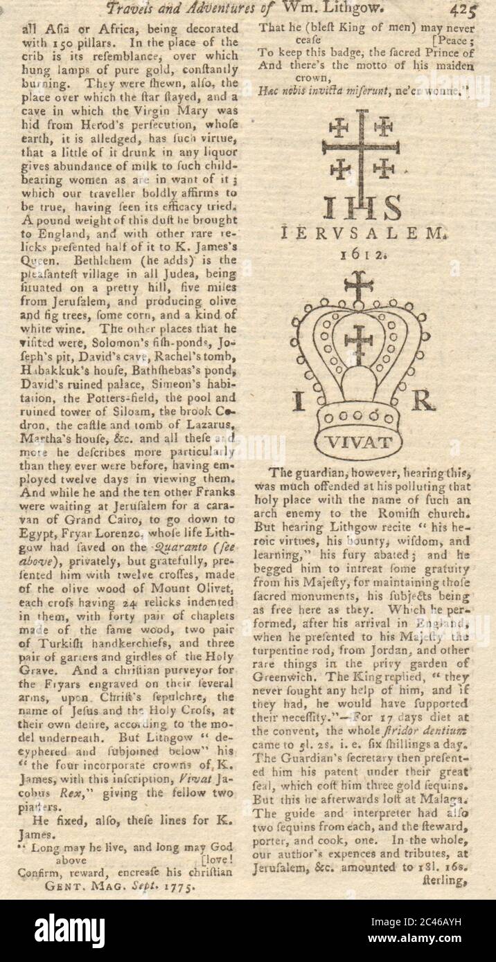 Una croce e una corona d'Inghilterra, da una stampa in Lithgow's Travels 1775 vecchio Foto Stock