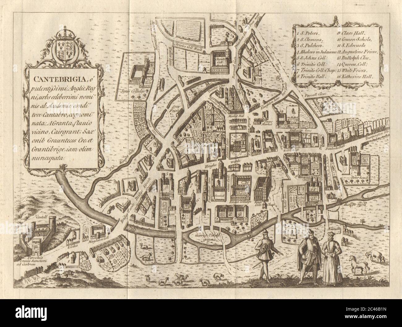 Cantebrigia. Piano della città di Cambridge, dopo Braun 1572. SIGNORI MAG 1776 vecchia mappa Foto Stock