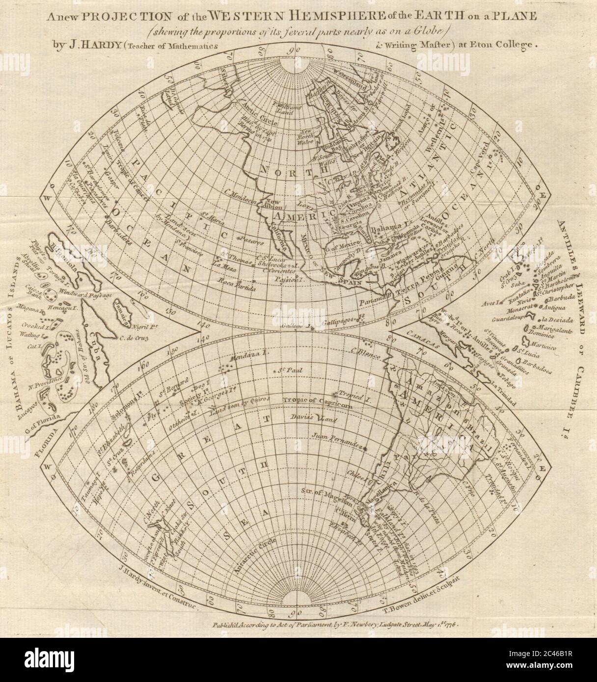 Emisfero occidentale della Terra su un piano. Davis Land. BOWEN 1776 vecchia mappa Foto Stock