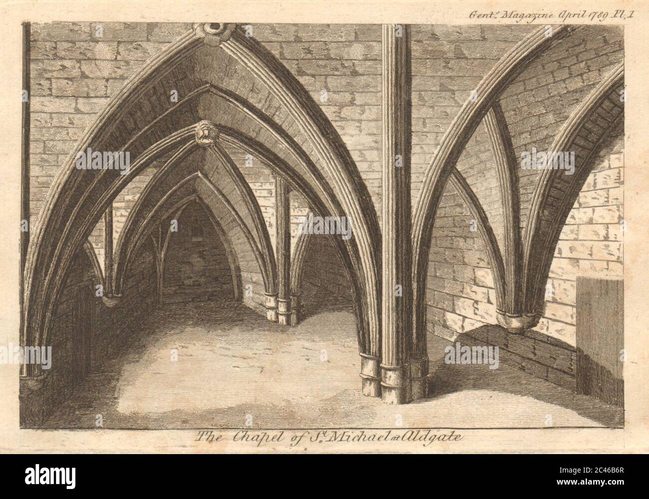 Cripta di San Michele, Aldgate. Cappella/Chiesa. Londra 1789 vecchia stampa antica Foto Stock