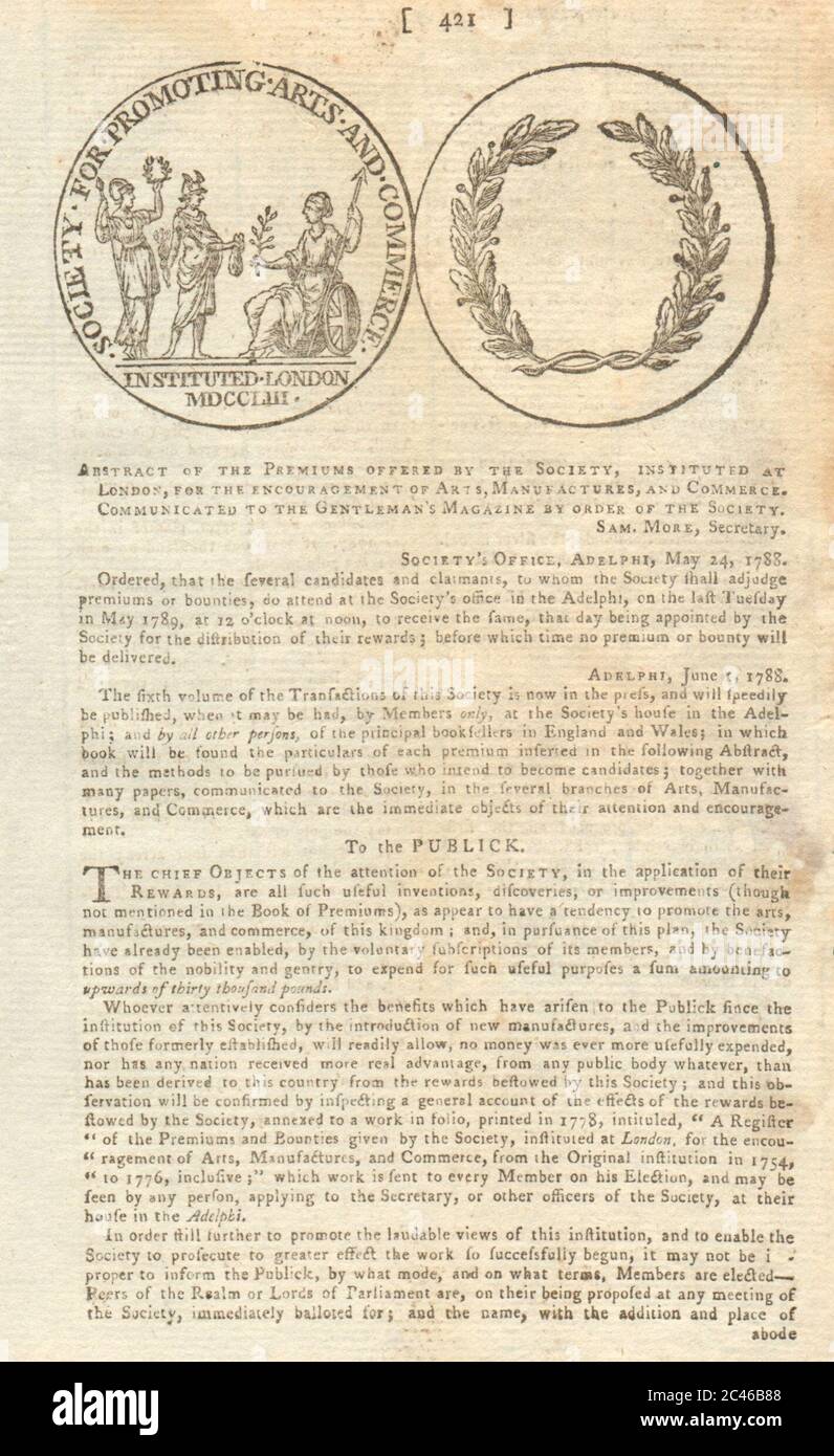 Medaglia della Società per la promozione delle Arti e del Commercio istituito Londra 1753 1788 Foto Stock