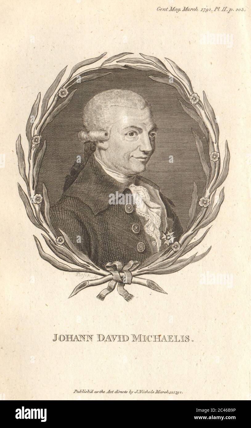 Johann David Michaelis [F. R. S. ob 1791]. Prussia. Studioso biblico 1792 Foto Stock