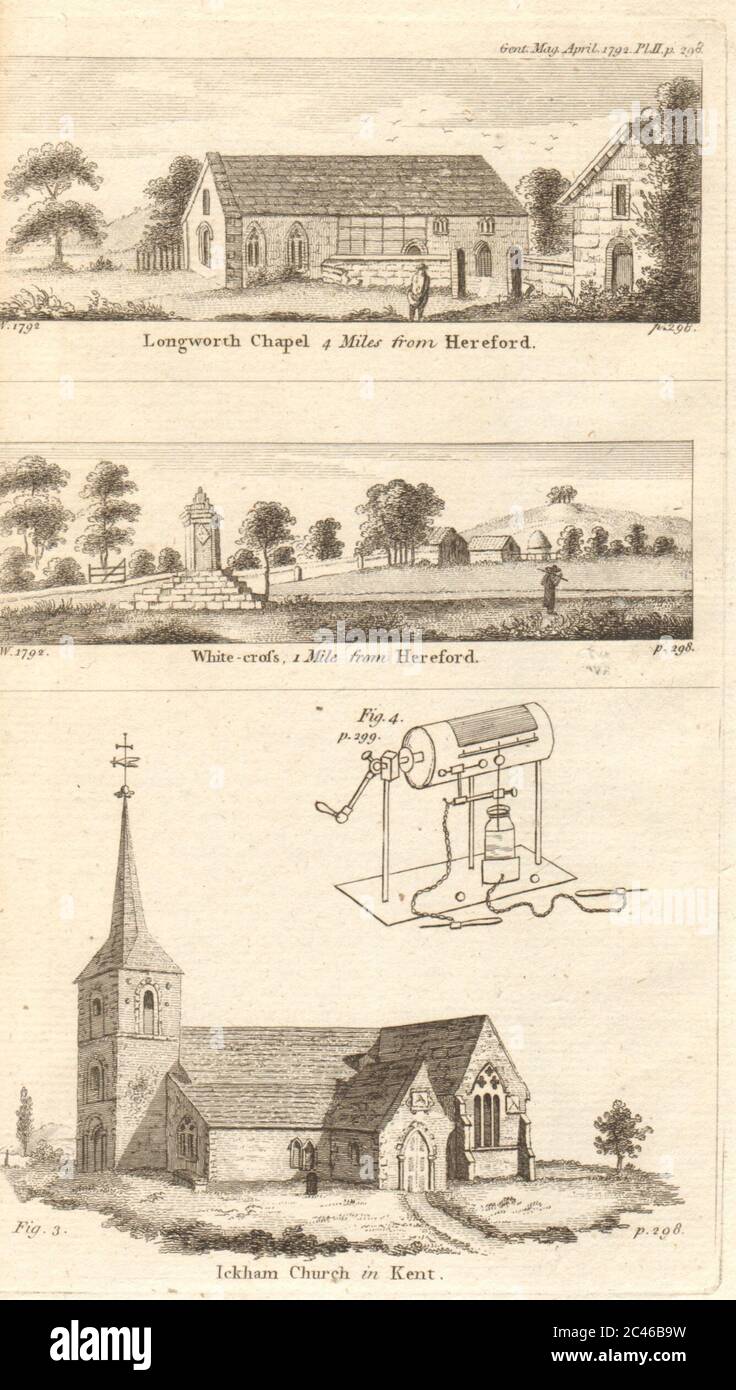 Longworth cappella. Croce bianca, Hereford. Ickham chiesa, Kent 1792 vecchia stampa Foto Stock