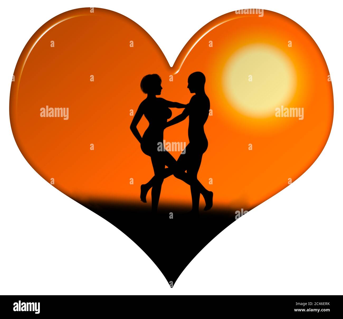 Silhouette di amanti che ballano contro una scena di tramonto in un cuore smussato Foto Stock