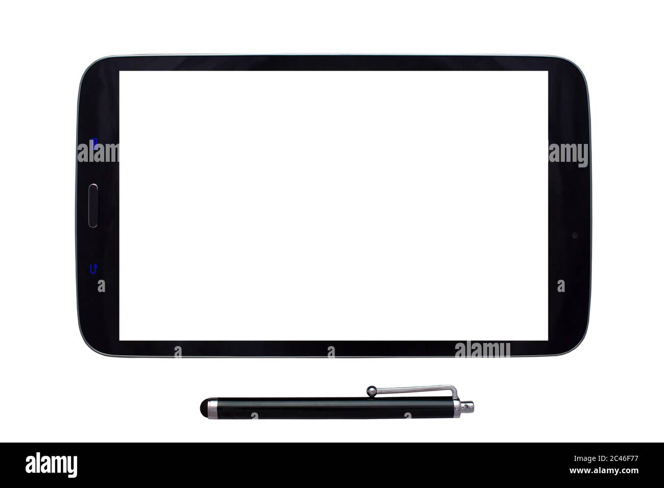 Tablet con uno stilo con schermo vuoto su uno sfondo bianco isolato Foto Stock