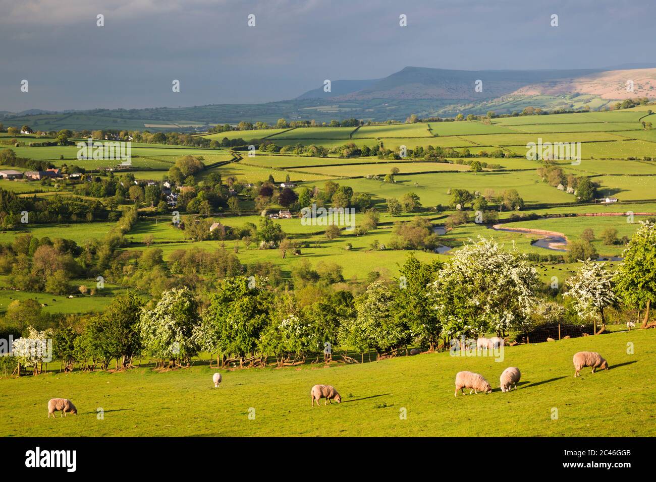 Vista sulla valle di Usk per Mynydd Llangorse, Talybont-on-Usk, Brecon Beacons National Park, Powys, Galles, Regno Unito, Europa Foto Stock