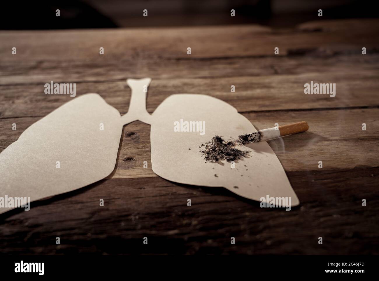 Immagine concettuale di sigaretta bruciata su polmoni di carta isolati su sfondo rustico. Stile di pubblicità del tabacco e del cancro polmonare, avvertimento medico, stato Foto Stock