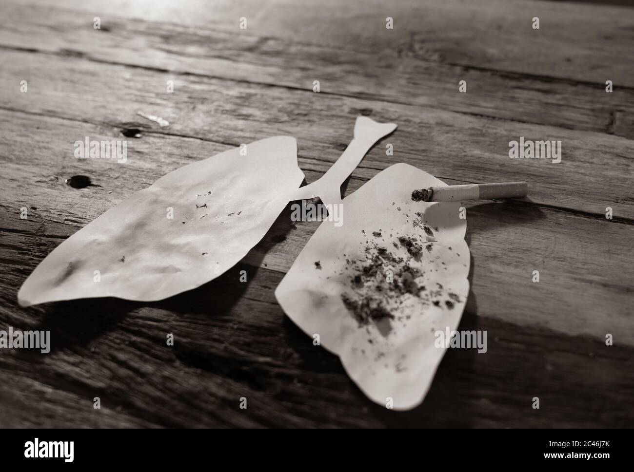 Immagine concettuale di sigaretta bruciata su polmoni di carta isolati su sfondo rustico. Stile di pubblicità del tabacco e del cancro polmonare, avvertimento medico, stato Foto Stock