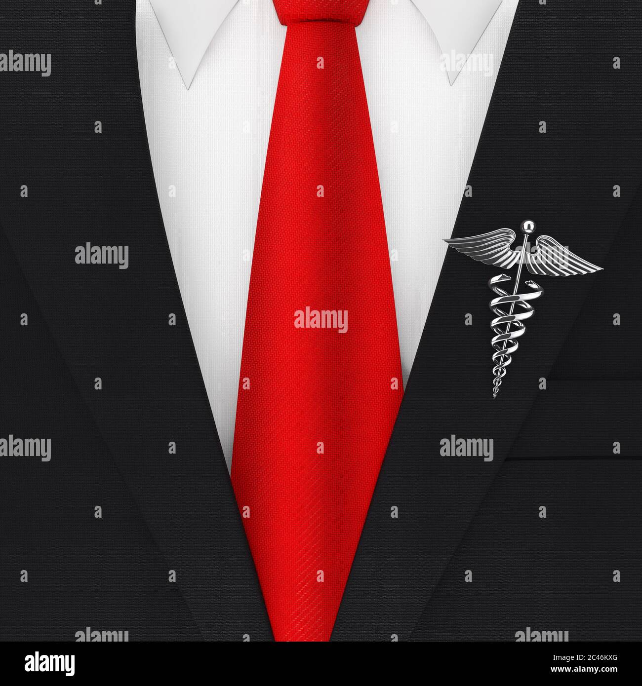Abito moderno ed elegante da uomo con cravatta rossa e simbolo di caduceo  medico argento closeup estremo . Rendering 3d Foto stock - Alamy