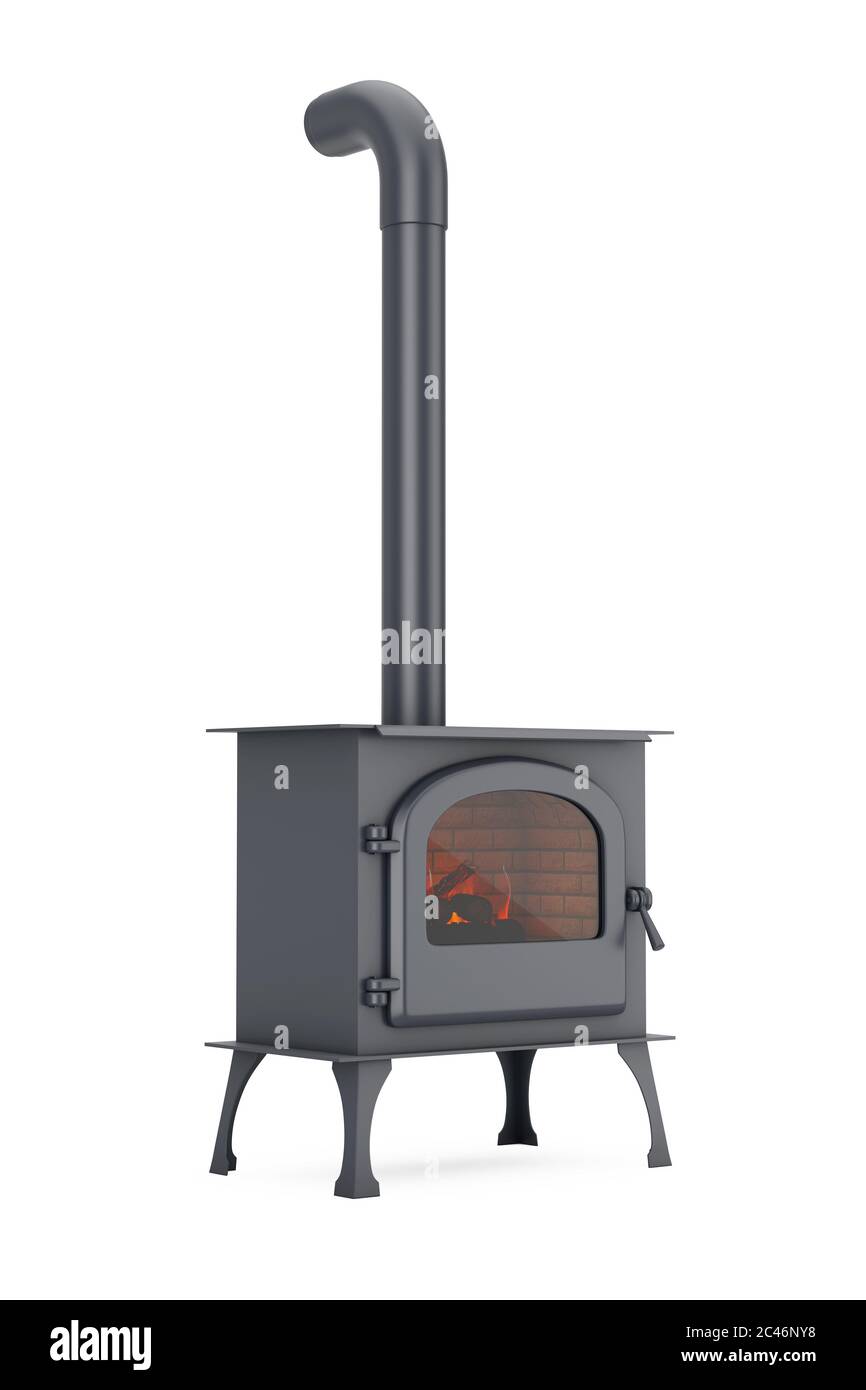 Classic Оpen Home stufa a camino con tubo Chimney e legna da ardere bruciare in fiamma calda rossa su sfondo bianco. Rendering 3d Foto Stock