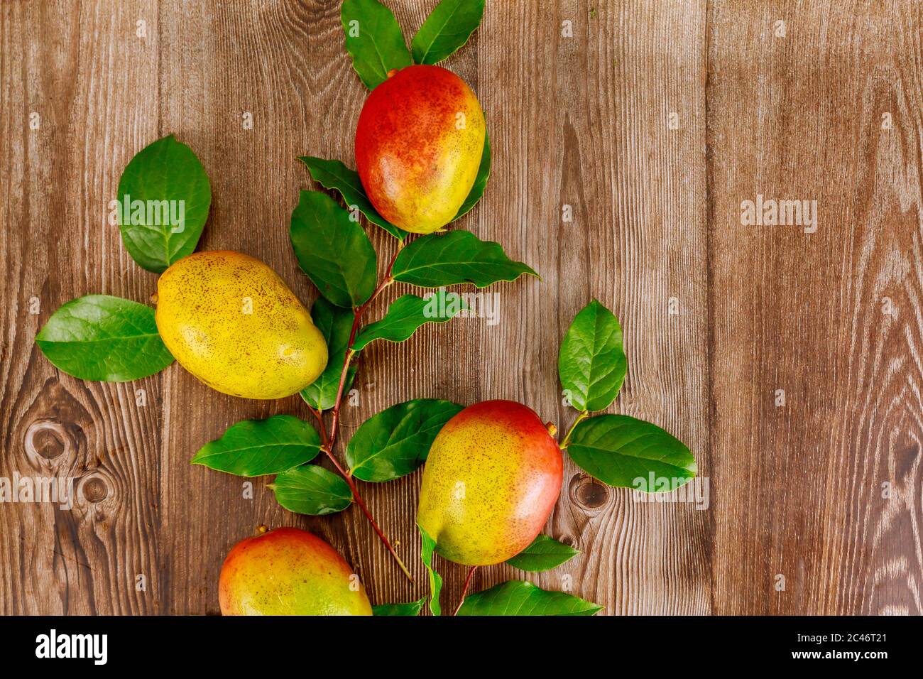 Mango tropicale di frutta fresca con foglie verdi su sfondo di legno. Foto Stock