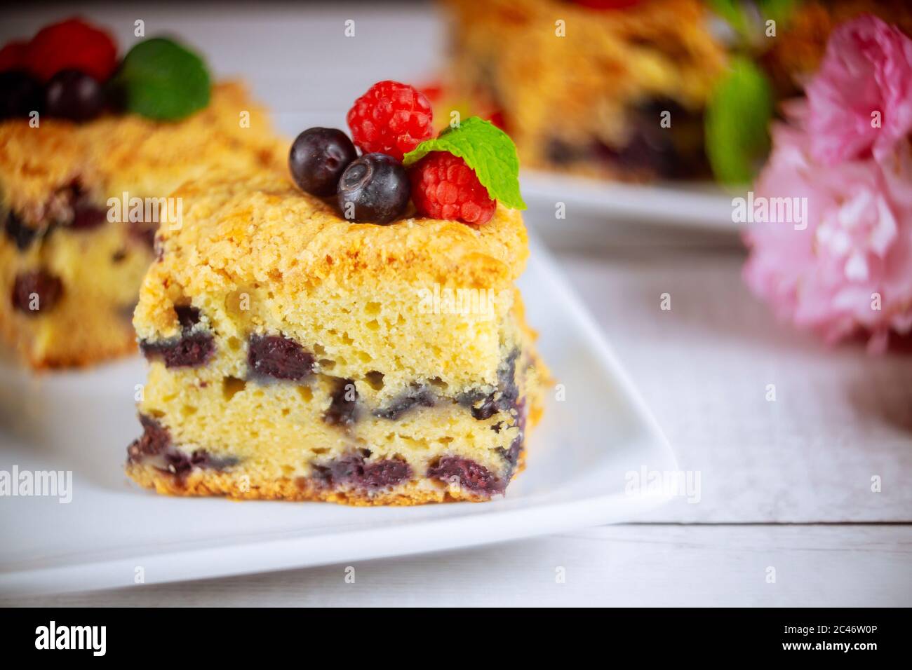Torta di caffè di Berry tagliata in porzioni quadrate. Foto Stock