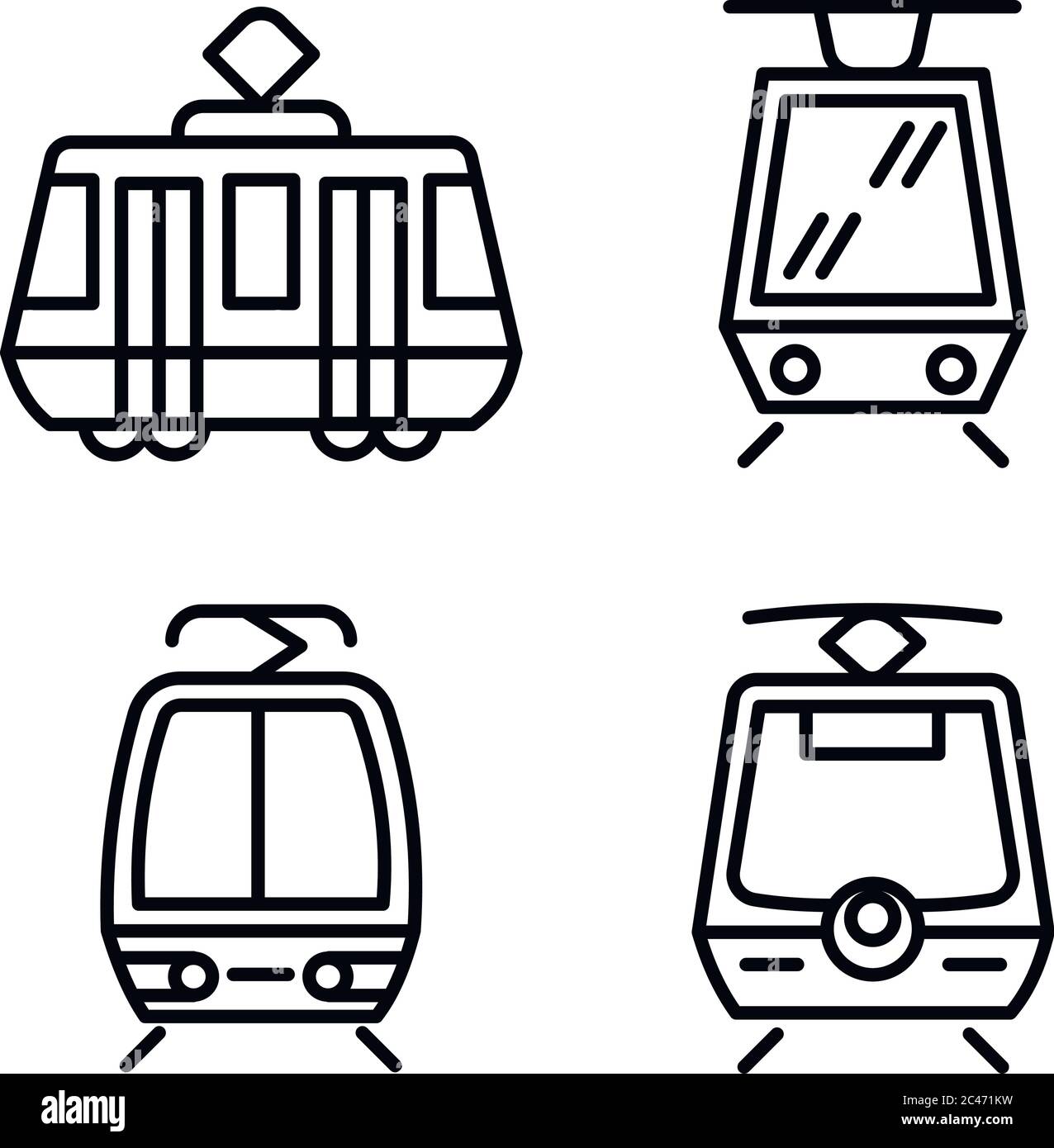 Icone del tram impostate. Set di linee di icone vettoriali per auto tram per il web design isolato su sfondo bianco Illustrazione Vettoriale