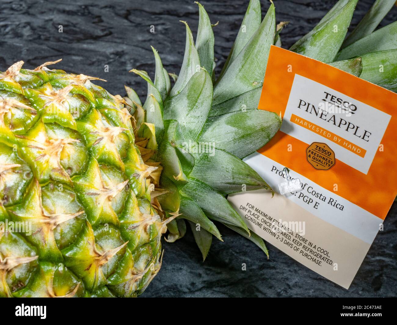 Primo piano di un ananas fresco proveniente dal supermercato Tesco, recante l’etichetta del marchio e le informazioni ‘raccolte a mano’ e ‘prodotto della Costa Rica’. Foto Stock
