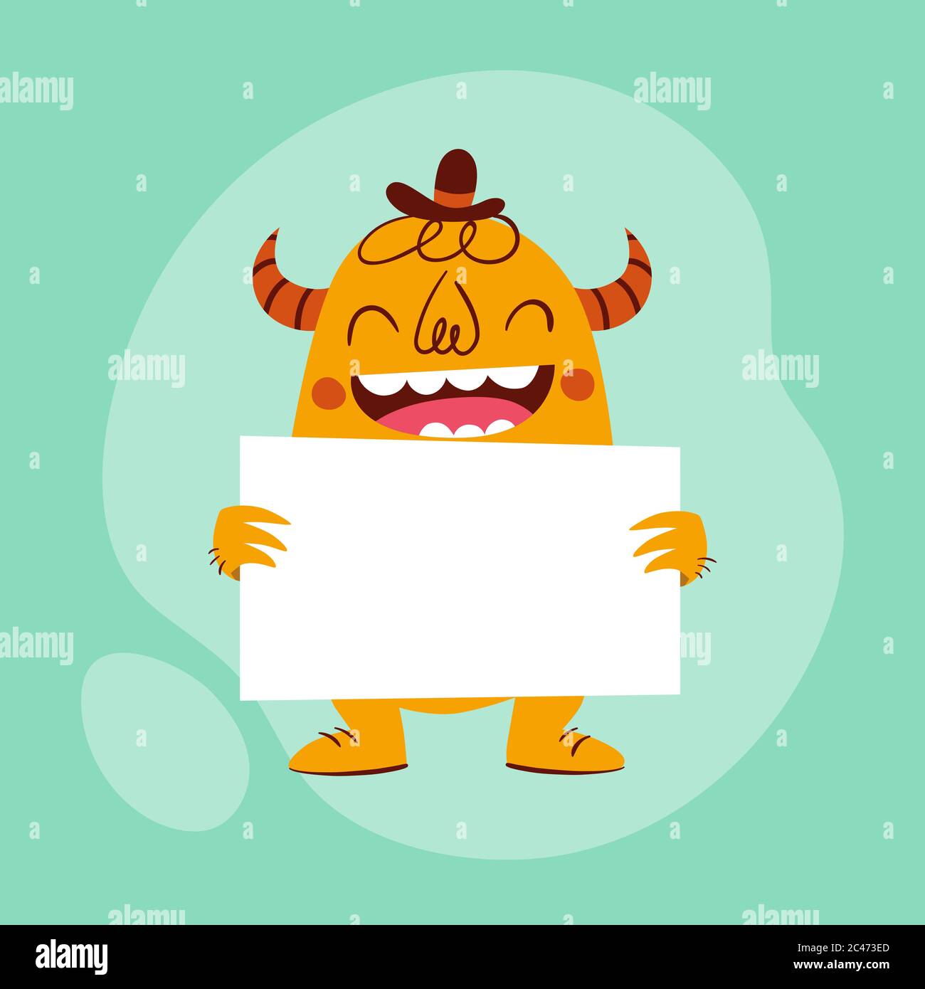 Mostro divertente che tiene una carta vuota. Personaggio in stile retrò cartoon di colore arancione, dietro una carta, con un ampio sorriso. Illustrazione vettoriale, perfetta per Illustrazione Vettoriale