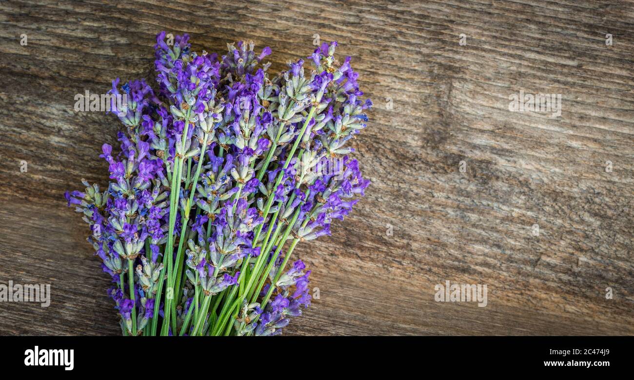 Fiori di lavanda su sfondo di legno. Primo piano. Foto Stock