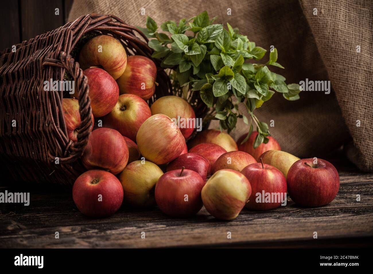 Mele mature raccolte nel frutteto. Cassa di legno con mele sullo sfondo della tavola da scrittura. Foto Stock