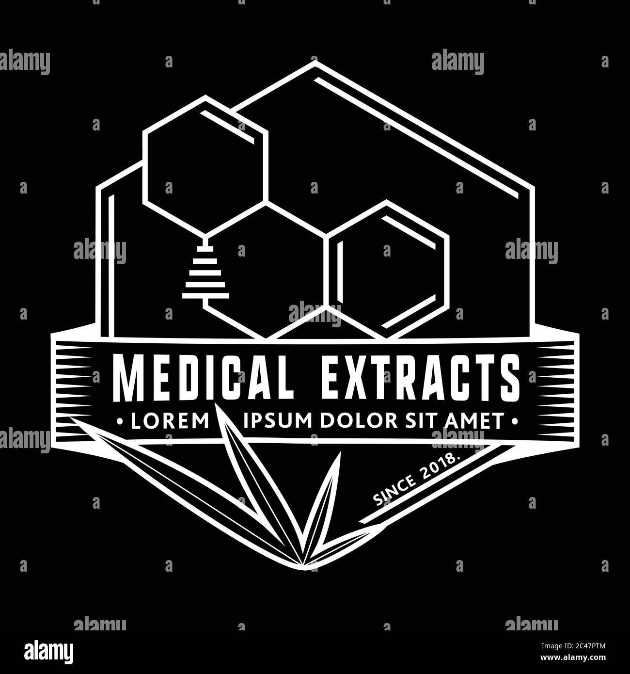 Molecola di THC / estratti medici (marijuana, cannabis). Vettore e illustrazione. Design del logo. Illustrazione Vettoriale