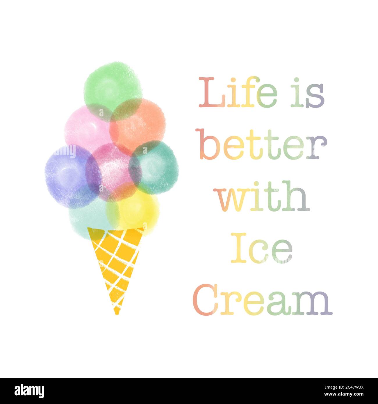 La vita è migliore con illustrazione carina del gelato. Volantino estivo tipografico alla moda. Coni di gelato disegnati a mano. Foto Stock