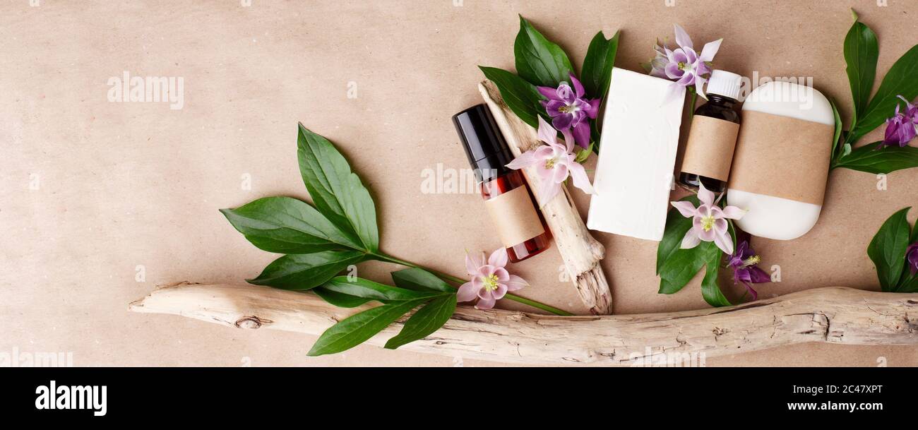 Prodotti cosmetici naturali a base di erbe e fiori sullo sfondo di carta artigianale, vista dall'alto. Branding mock-up, imballaggio sostenibile, eco-f Foto Stock