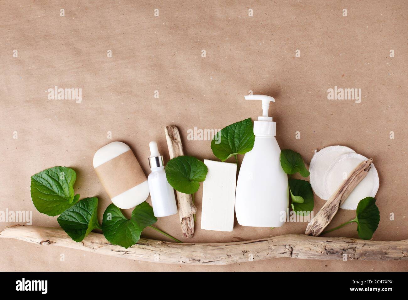 Prodotti cosmetici naturali a base di erbe e fiori sullo sfondo di carta artigianale, vista dall'alto. Branding mock-up, imballaggio sostenibile, eco-f Foto Stock