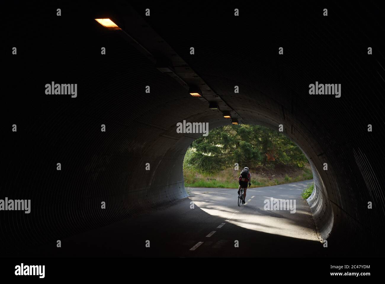 Una bicicletta ciclista da un tunnel sul Galloping Goose Trail nella grande città Victoria di View Royal. Il vecchio sentiero ferroviario è utilizzato da pedoni Foto Stock