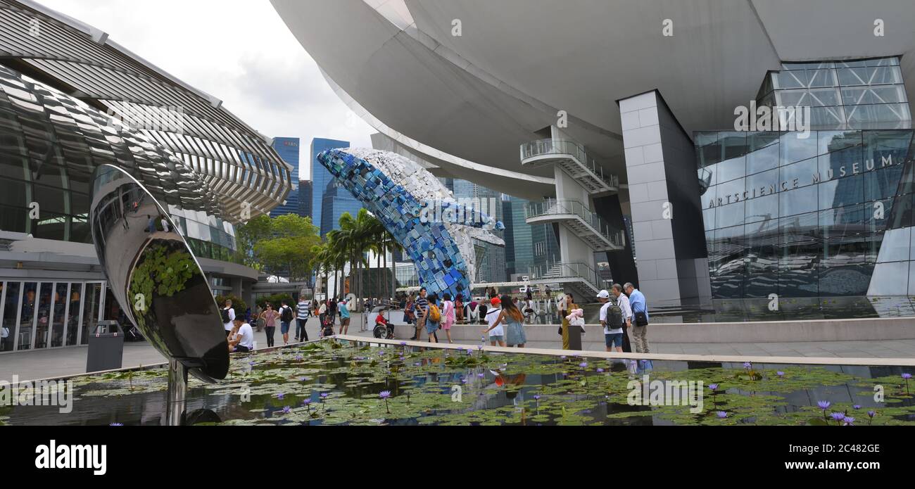 L'area pedonale di Marina Bay è vicina a negozi, musei d'arte e circondata da elementi acquatici pieni di giglio d'acqua a Singapore, Asia Foto Stock