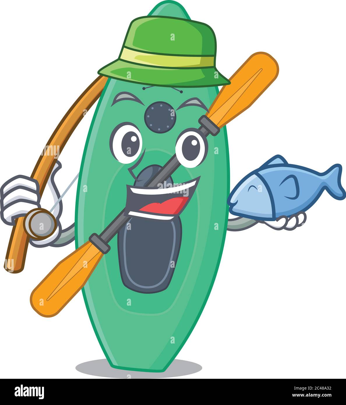 Lo stile di disegno del cartone animato di canoa pronto va alla pesca Illustrazione Vettoriale