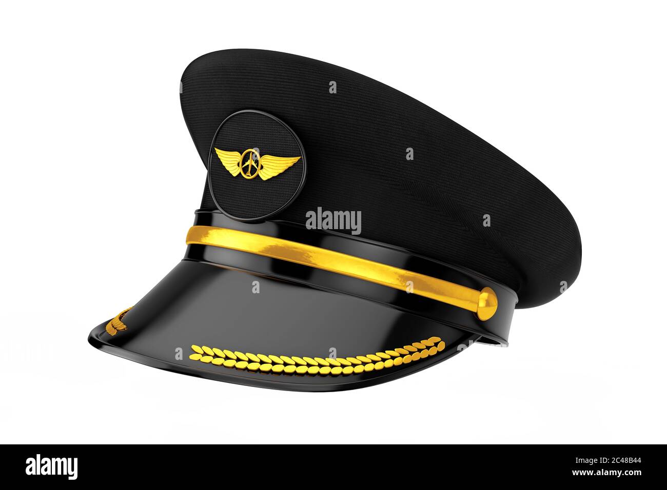 Aviazione civile e trasporto aereo piloti cappello o cappello con Insignia  dell'aviazione d'oro su sfondo bianco. Rendering 3d Foto stock - Alamy