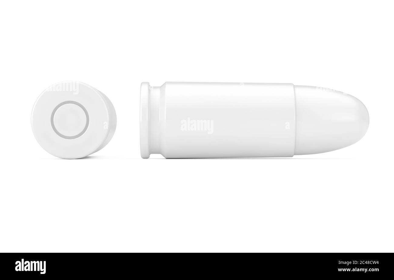 Pallottola bianca da 9 mm con motivo Clay su sfondo bianco. Rendering 3d Foto Stock