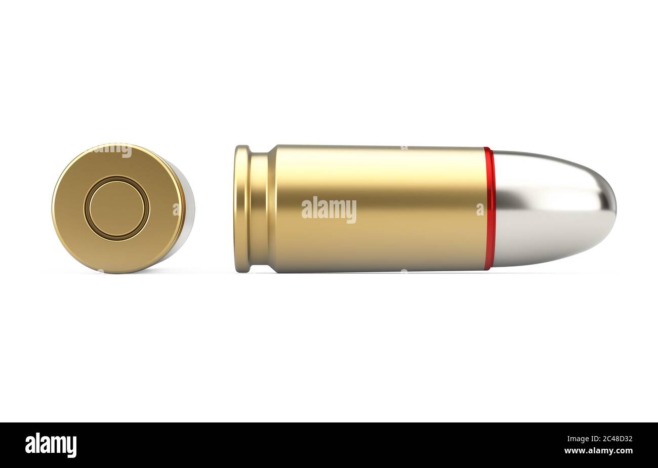 Pallottola metallica da 9 mm su fondo bianco. Rendering 3d Foto Stock