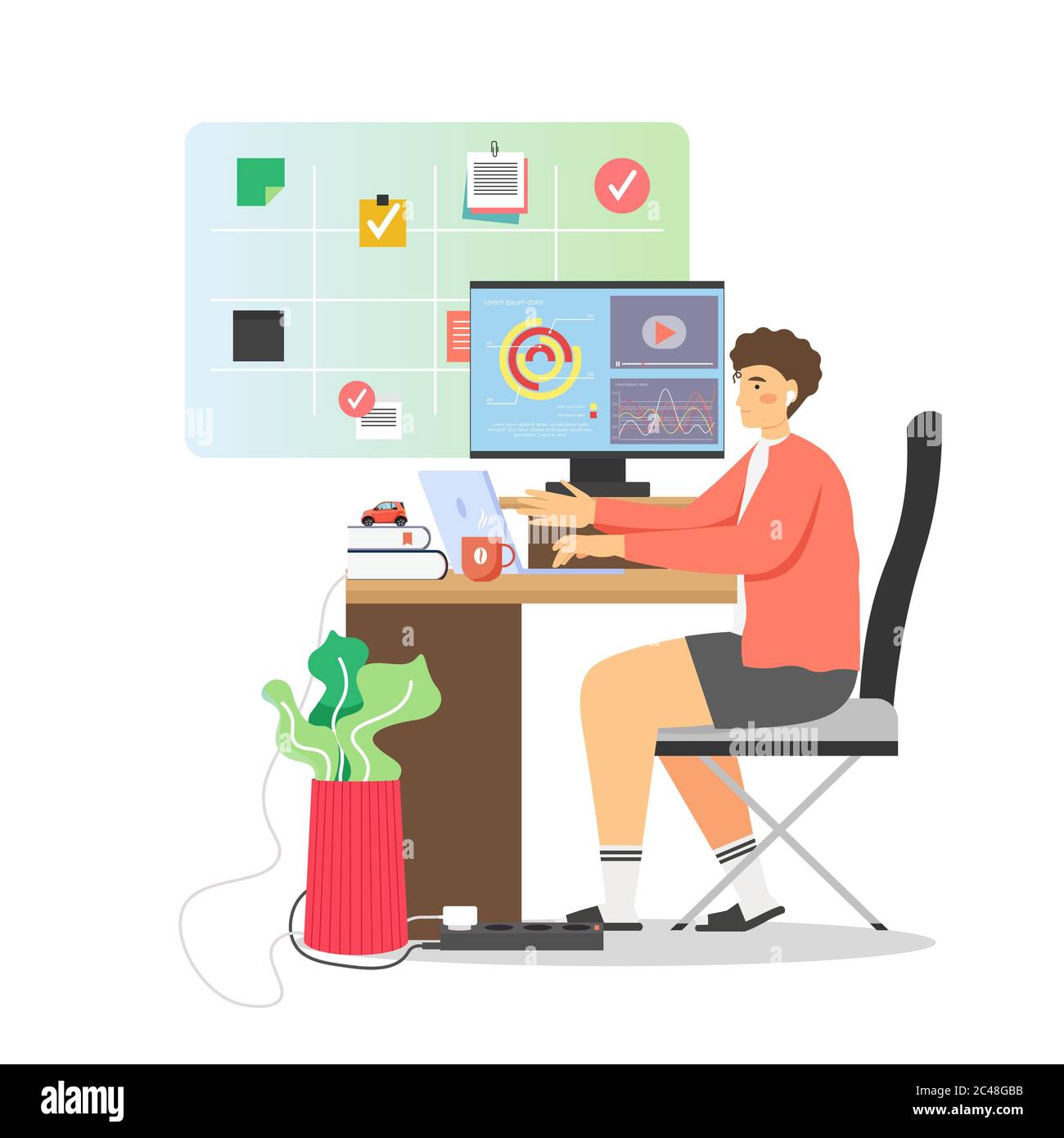 Freelance che lavora da casa, vettore flat illustrazione Illustrazione Vettoriale