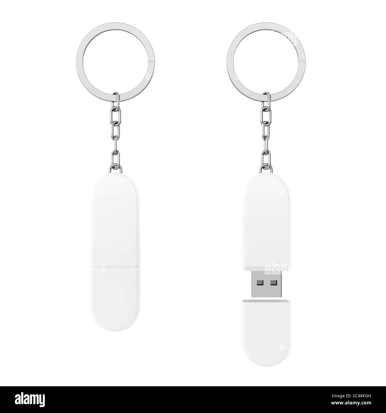 Mockup bianco della catena di chiavi dell'unità di memoria flash USB su sfondo bianco. Rendering 3d Foto Stock