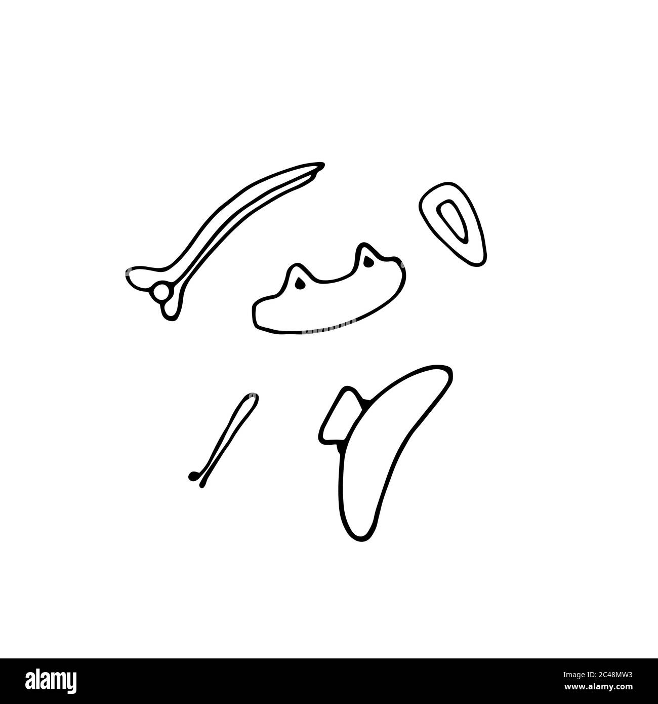 Set di accessori per capelli. Forcine e clip per capelli per capelli da donna. Illustrazione vettoriale disegnata a mano con Doodle. Illustrazione Vettoriale