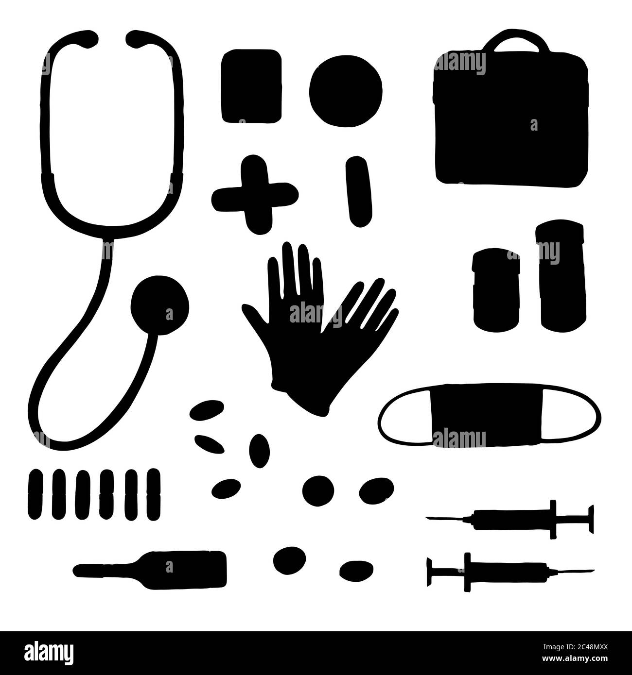 Set grande con silhouette nera e strumenti medici semplici, illustrazione vettoriale piatta, isolato su sfondo bianco Illustrazione Vettoriale