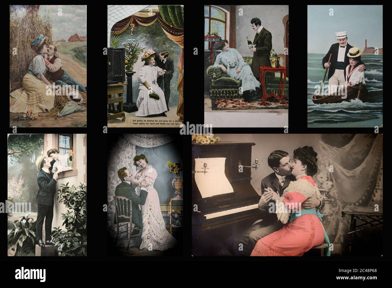 Varie cartoline d'epoca dei primi anni del '900 con coppie amorevoli in diversi set studio. Contenuti di dominio pubblico. Valorizzazione e collage di Pat Foto Stock